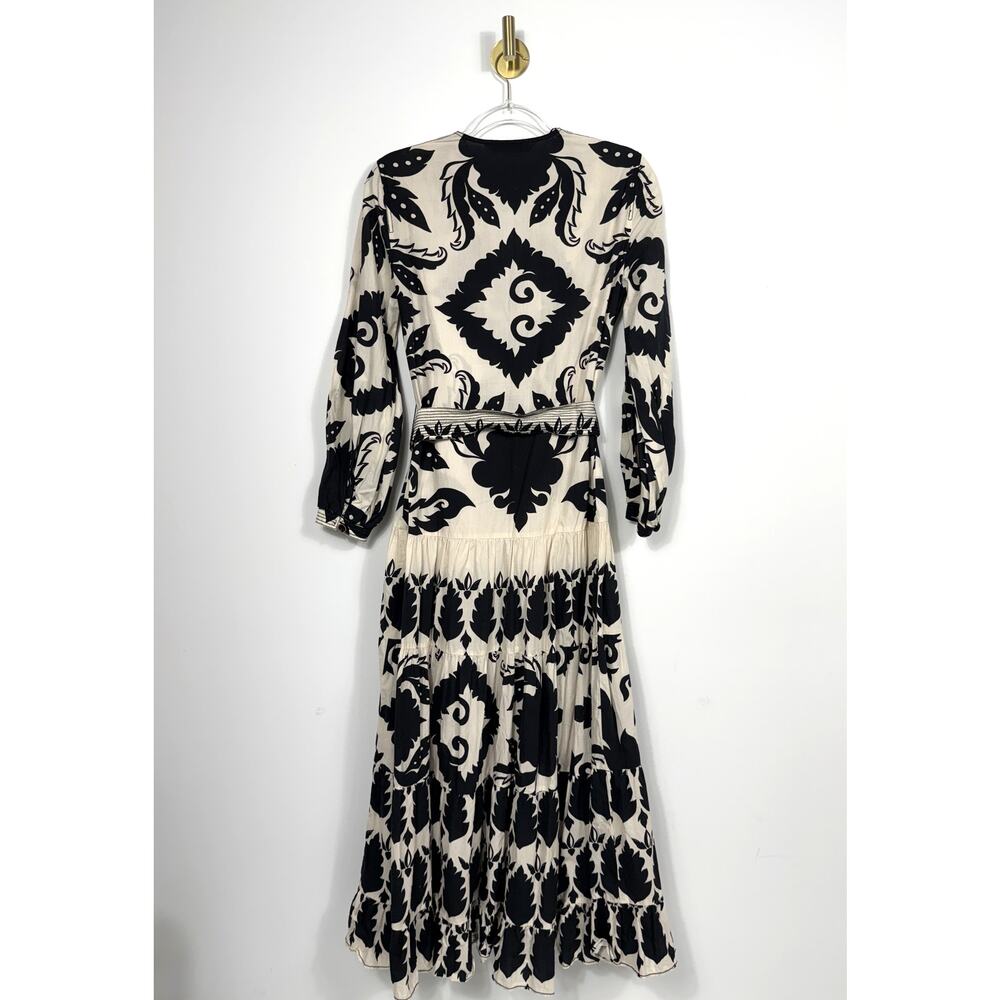 Zara Black Ecru Printed Belted Maxi Dress Ruffle Hem Size XS - Picture 8 of 16